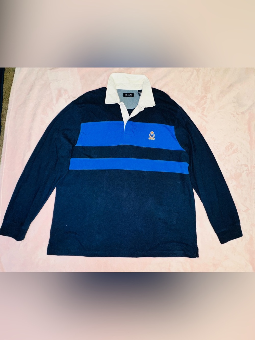 Chaps Men’s White Collar Navy Rugby Shirt with Royal Blue Stripes